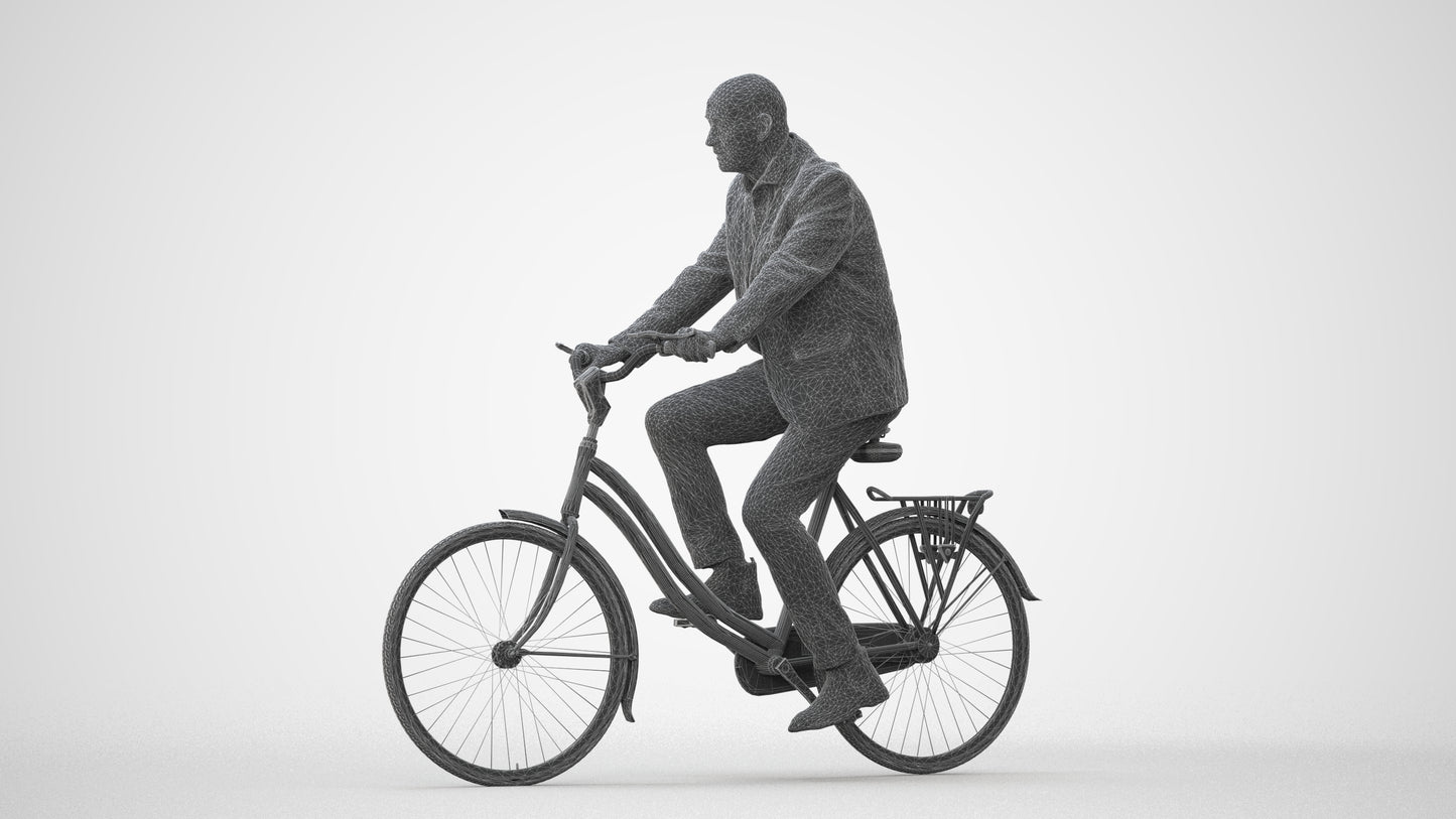 realistic 3D senior man business cycling, scanned archviz people for Blender and 3ds Max, square thumbnail