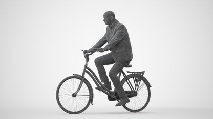 realistic 3D senior man business cycling, scanned archviz people for Blender and 3ds Max, square thumbnail