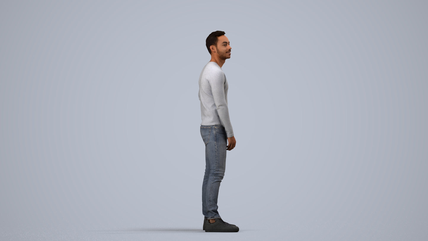 realistic 3D man casual standing, scanned archviz people for Blender and 3ds Max, side view render