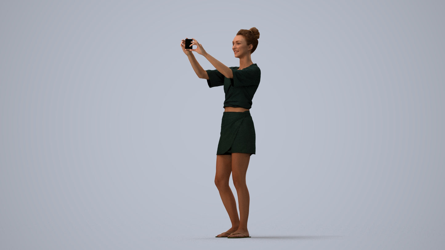 3D human model woman casual standing, photogrammetry scanned person for archviz, three-quarter view render