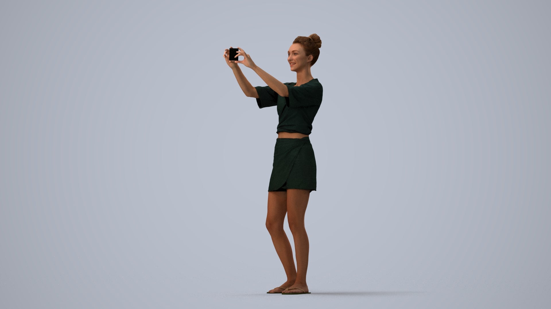 3D human model woman casual standing, photogrammetry scanned person for archviz, three-quarter view render