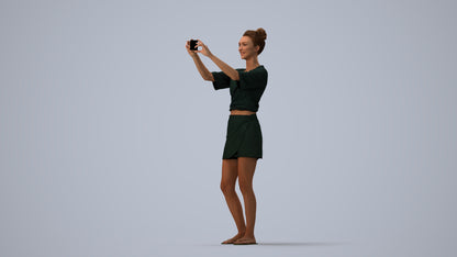 3D human model woman casual standing, photogrammetry scanned person for archviz, three-quarter view render