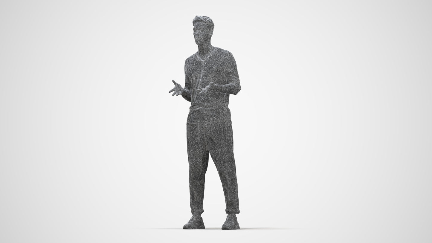 3D human model man casual standing, photogrammetry scanned person for archviz, wireframe back view