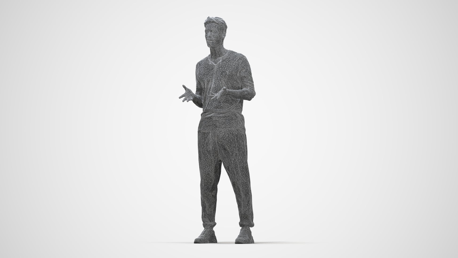 3D human model man casual standing, photogrammetry scanned person for archviz, wireframe back view