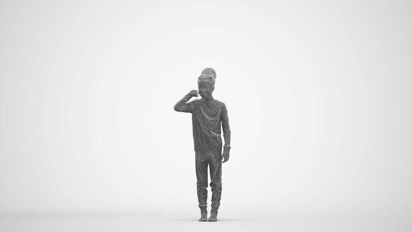3D human model girl kids, photogrammetry scanned person for archviz, three-quarter front view render