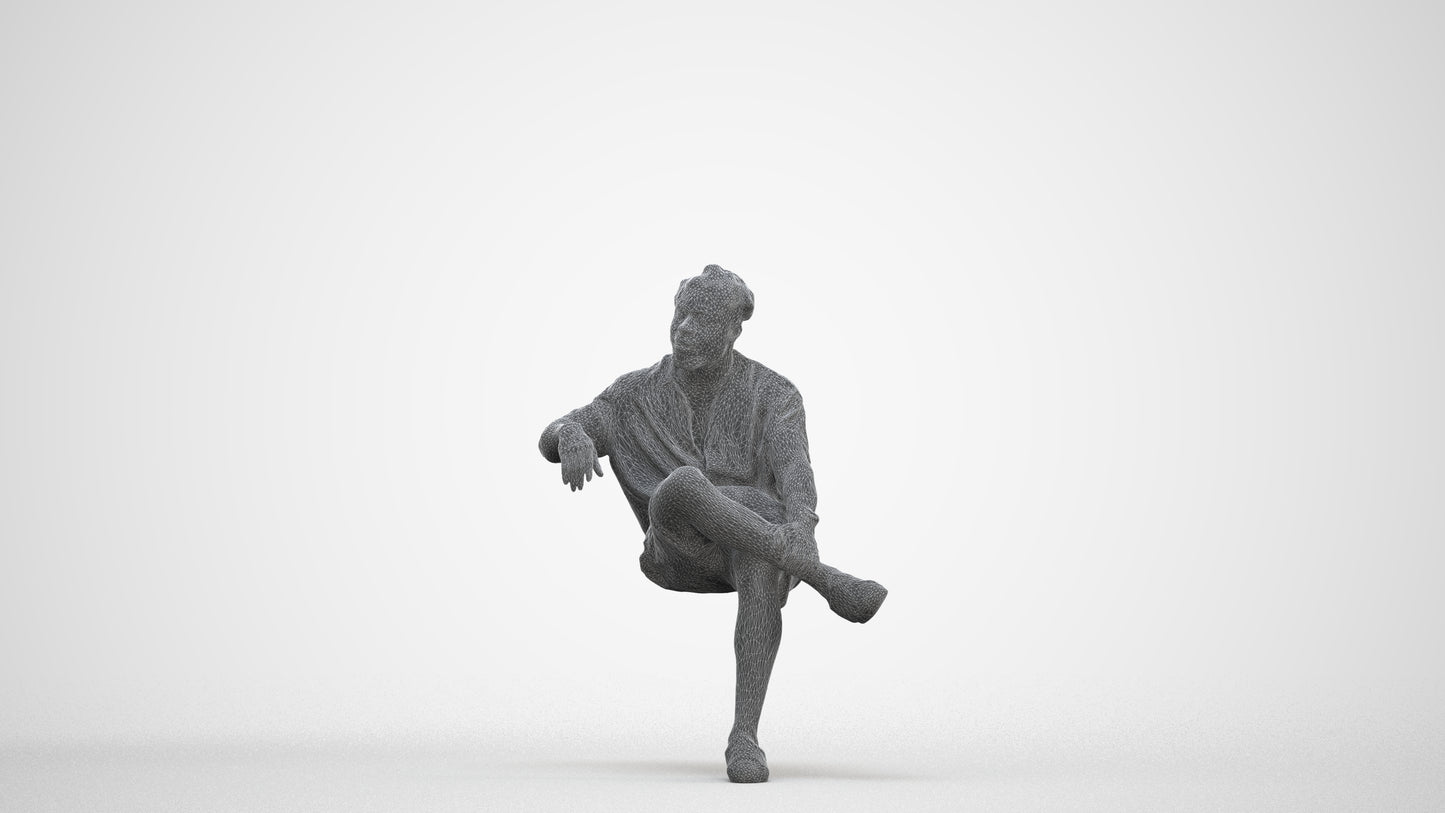 realistic 3D human man casual sitting, archviz people FBX OBJ for Blender, three-quarter front view render