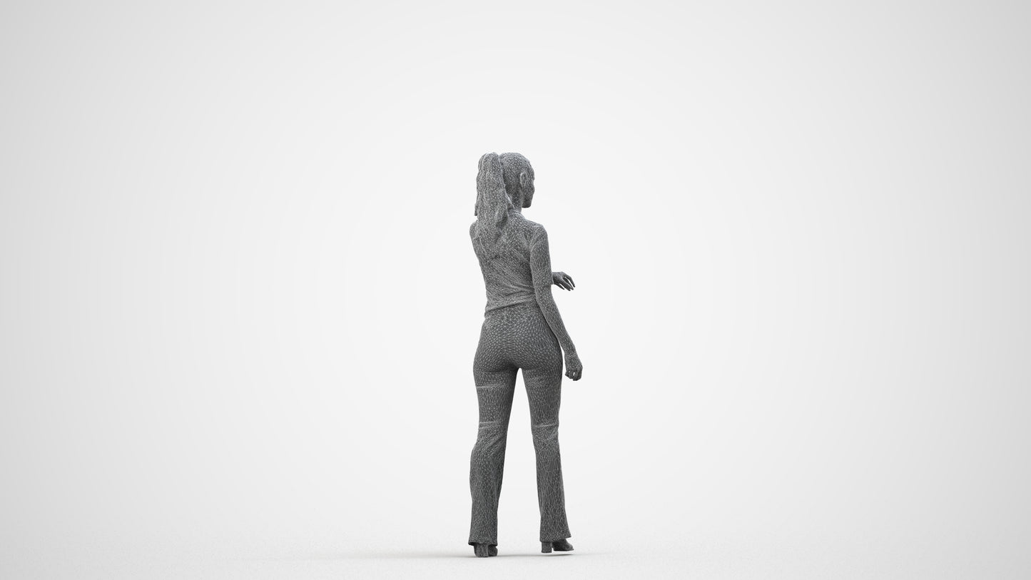 realistic 3D human woman casual door, archviz people FBX OBJ for Blender, wireframe side view