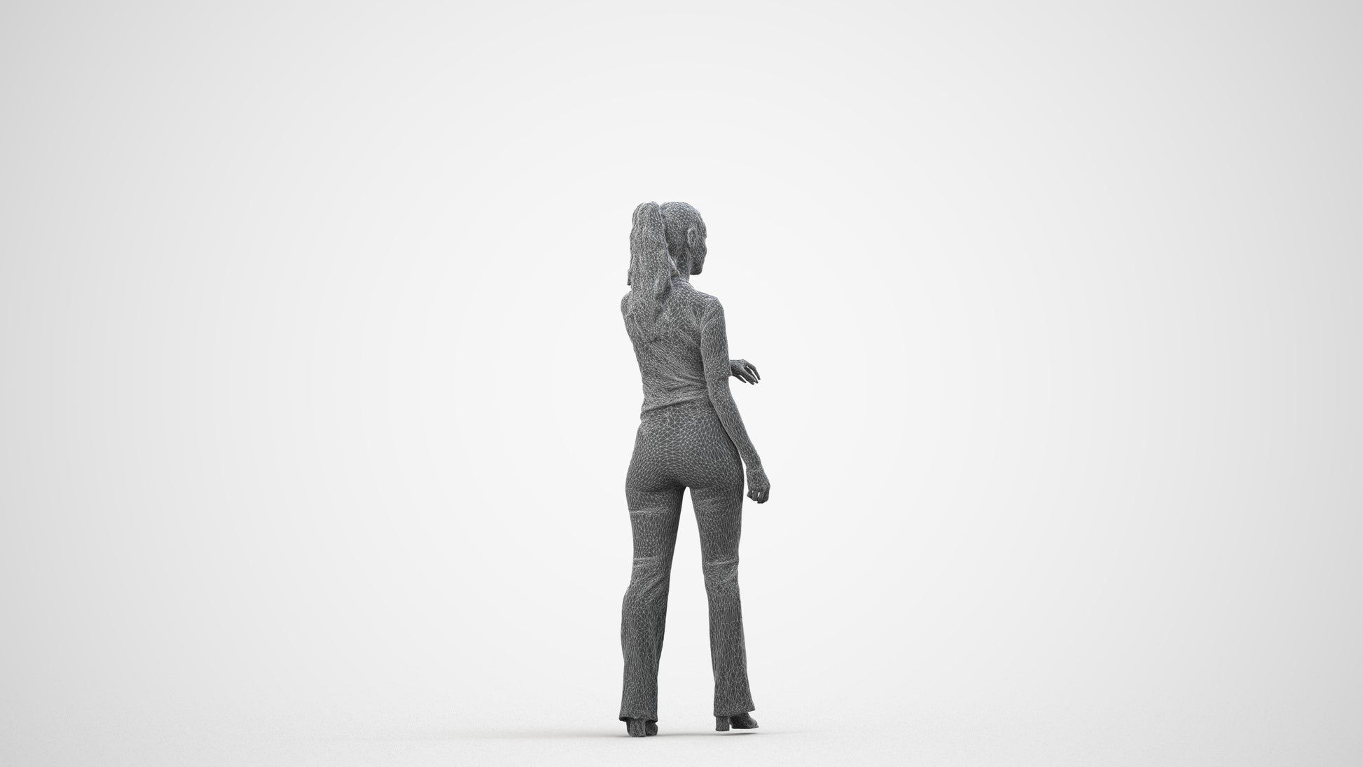 realistic 3D human woman casual door, archviz people FBX OBJ for Blender, wireframe side view
