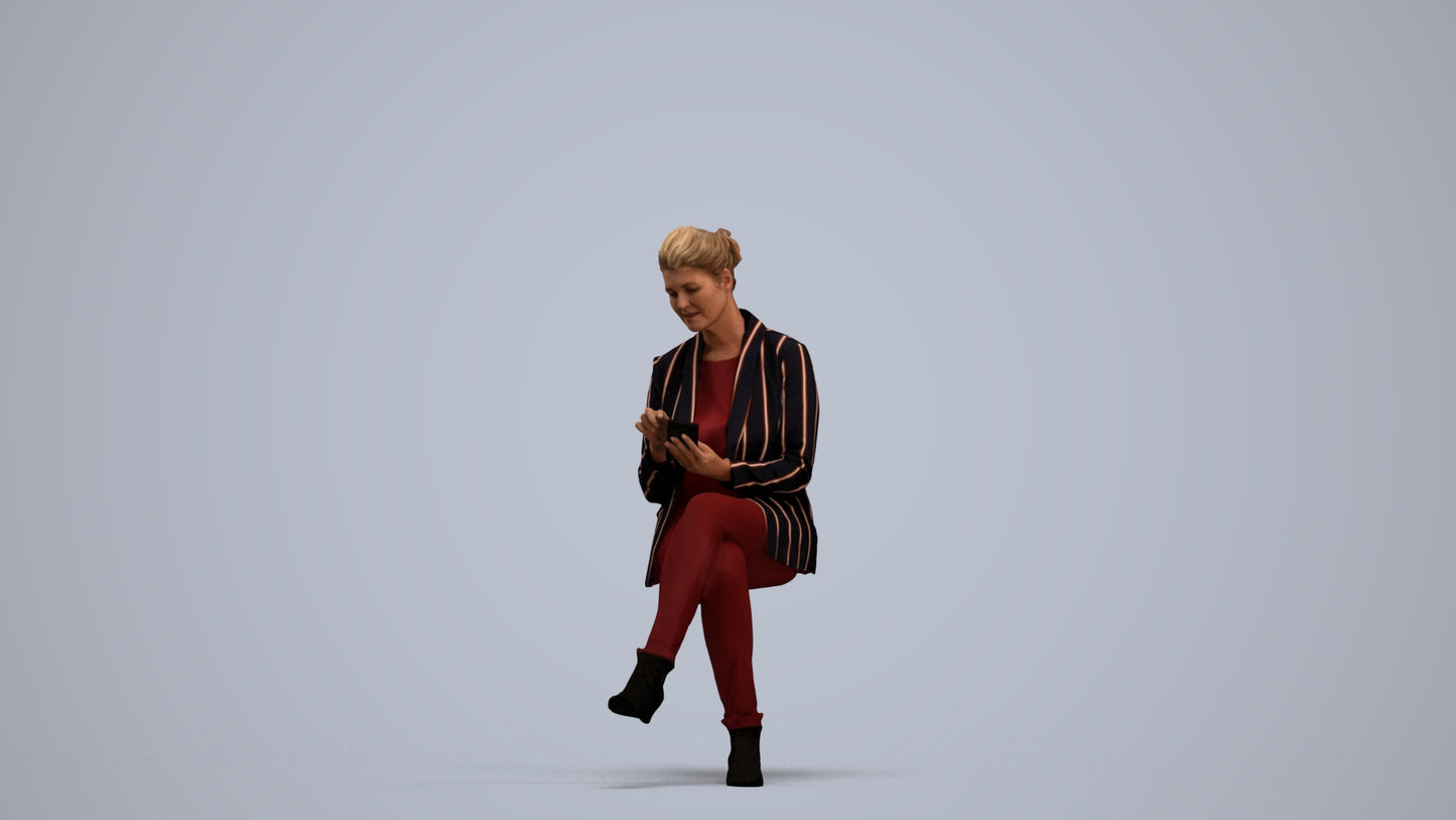 3D human model woman business sitting, photogrammetry scanned person for archviz, standing pose render