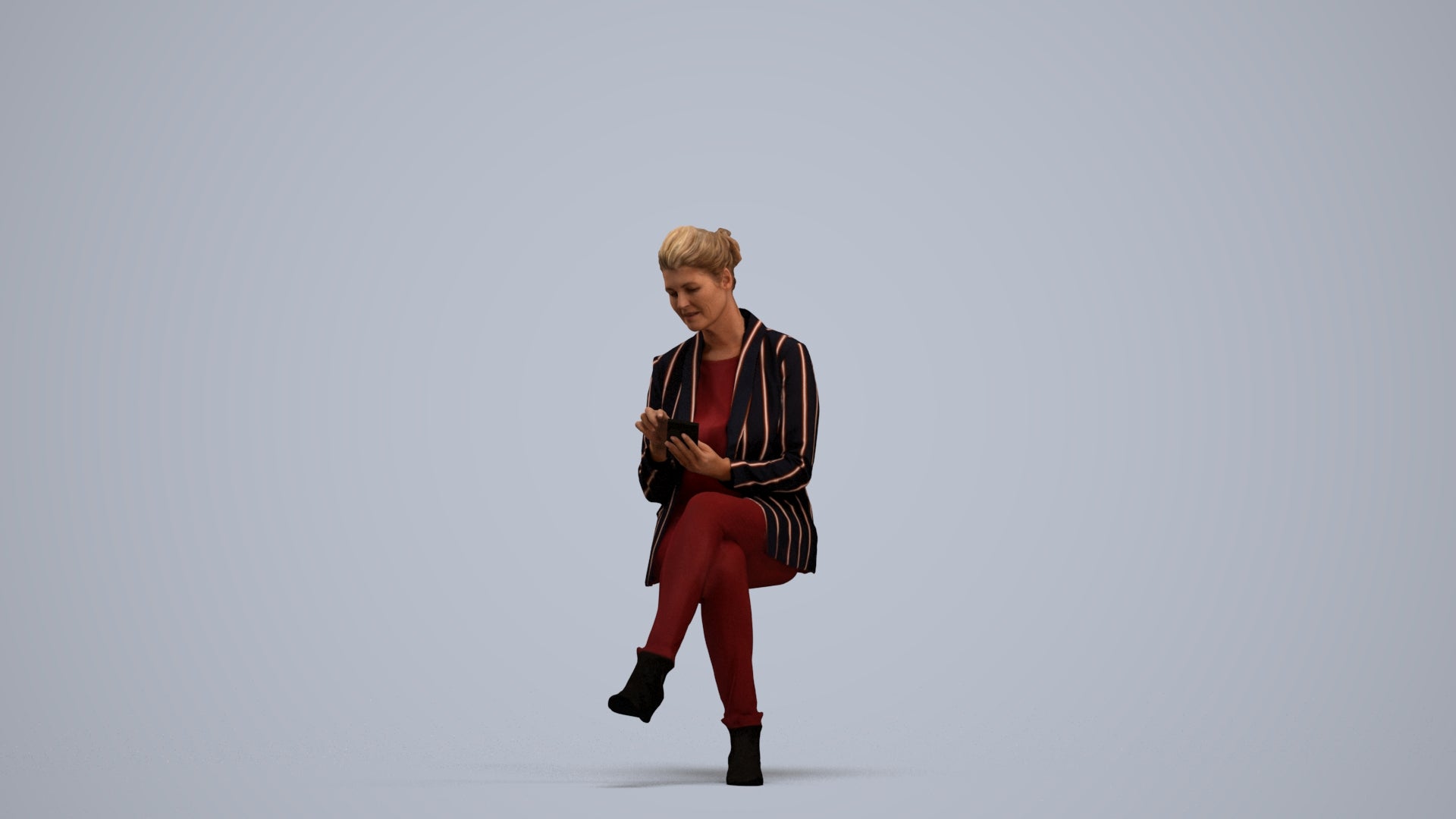 3D human model woman business sitting, photogrammetry scanned person for archviz, standing pose render