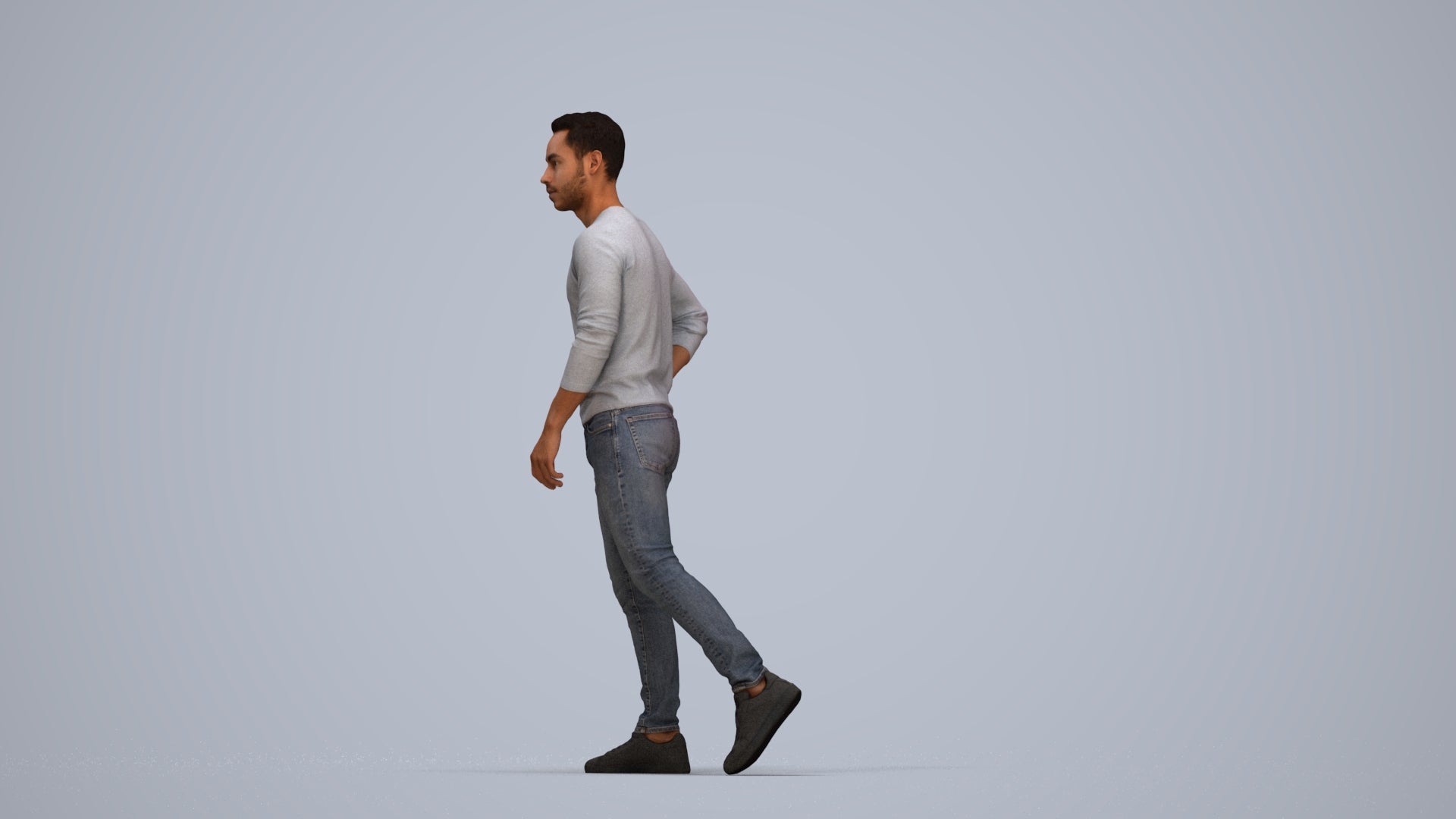 3D human model man casual walking, photogrammetry scanned person for archviz, top-down view render