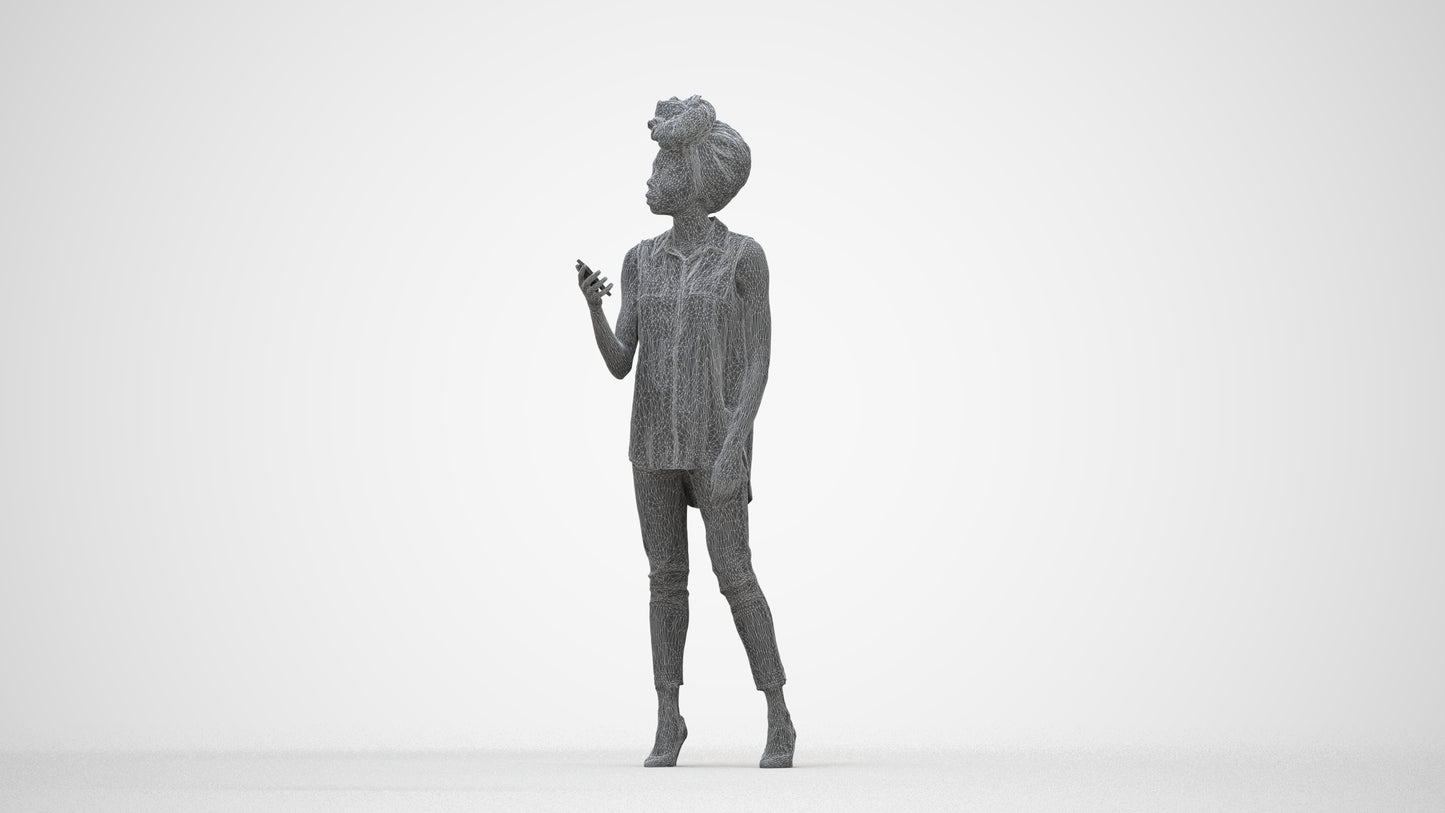 3D scanned woman standing casual, photorealistic archviz people for Enscape and SketchUp, wireframe back view