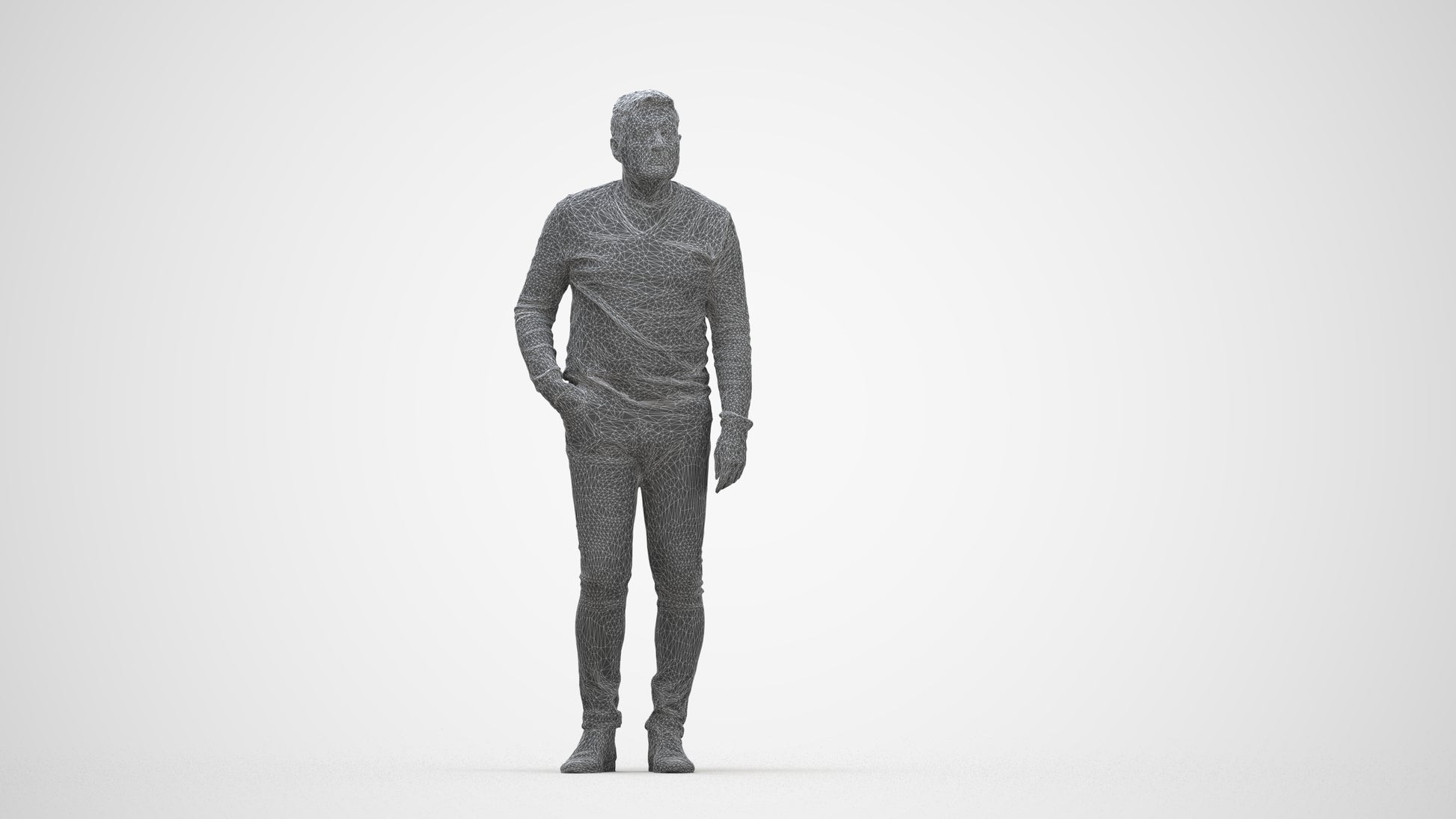 3D human model man casual standing, photogrammetry scanned person for archviz, wireframe back view