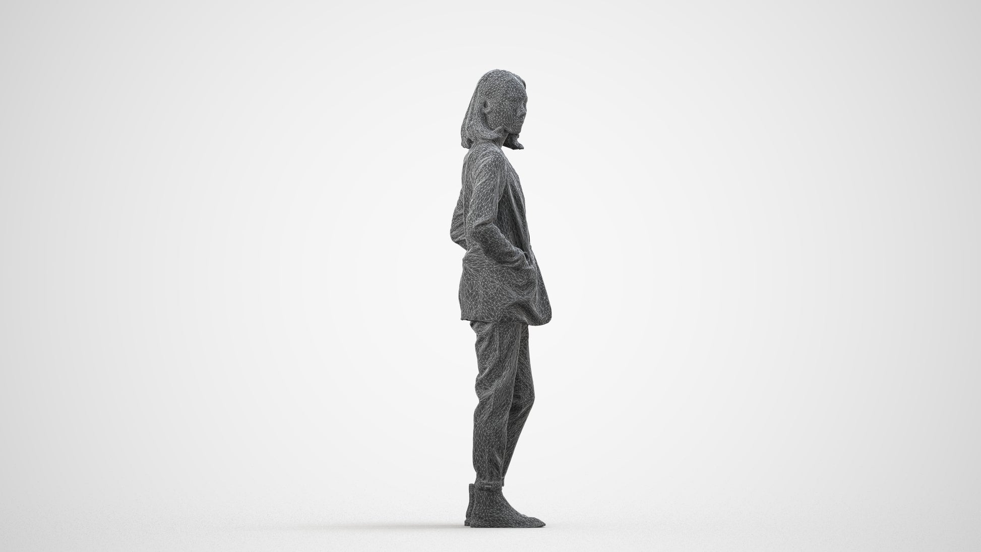 3D people model woman business, scanned human for 3ds Max rendering, wireframe side view