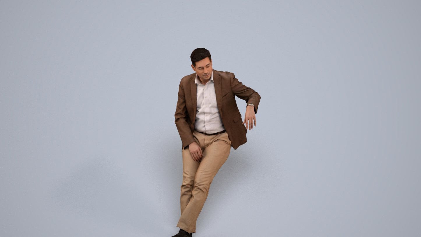 3D human model man business, photogrammetry scanned person for archviz, back view render