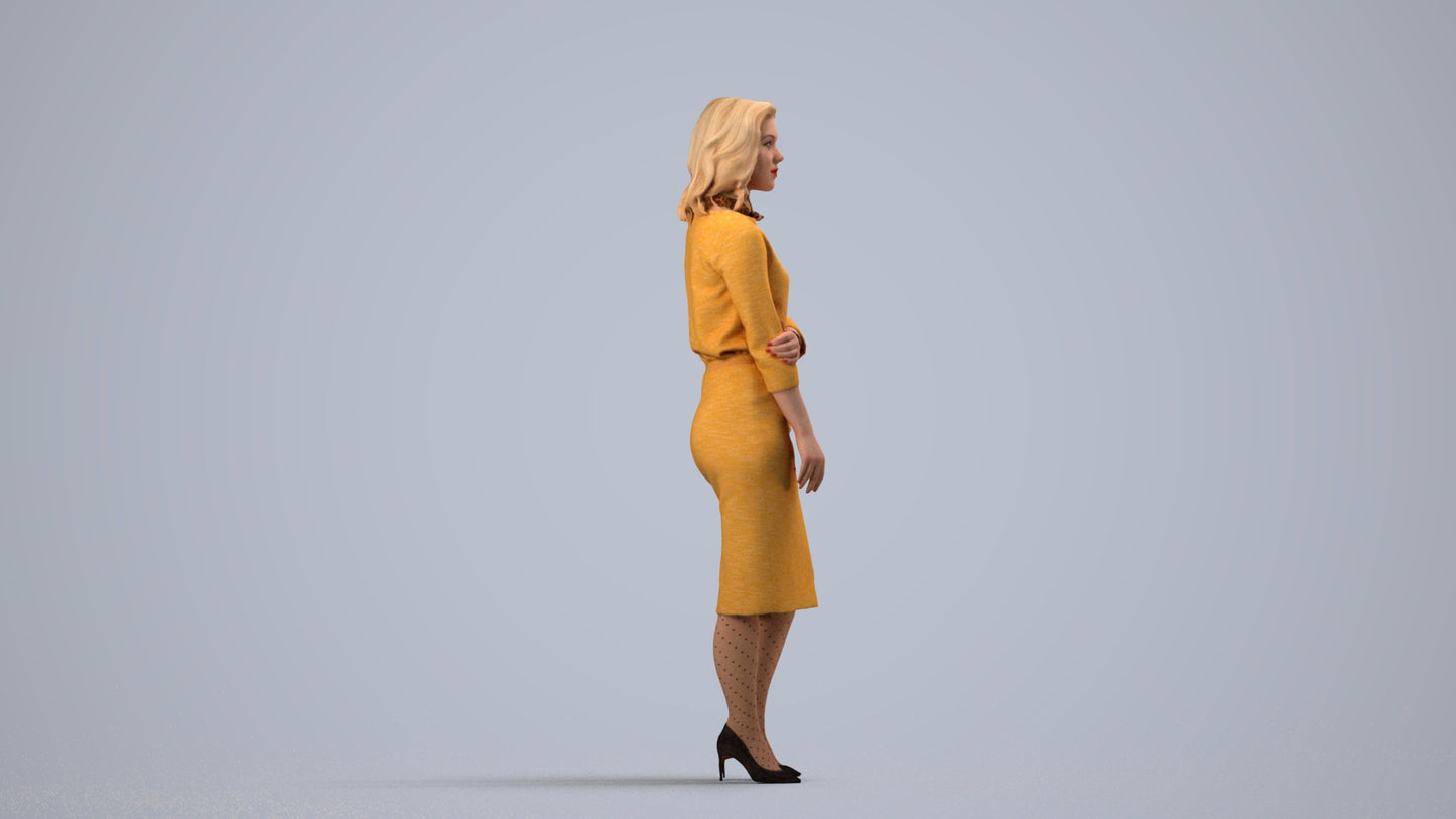 realistic 3D human woman business standing, archviz people FBX OBJ for Blender, side view render