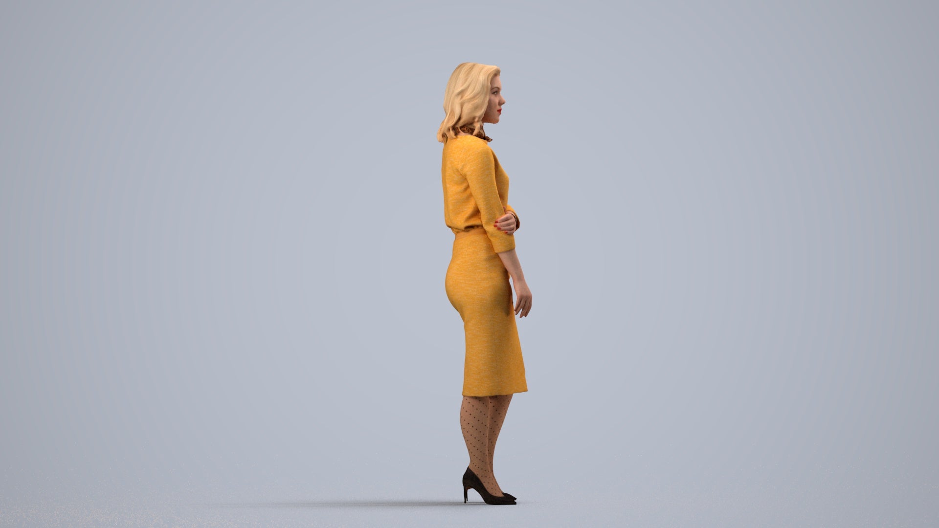 realistic 3D human woman business standing, archviz people FBX OBJ for Blender, side view render