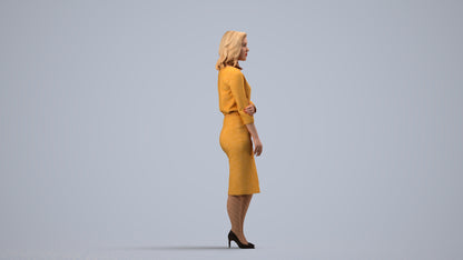 realistic 3D human woman business standing, archviz people FBX OBJ for Blender, side view render