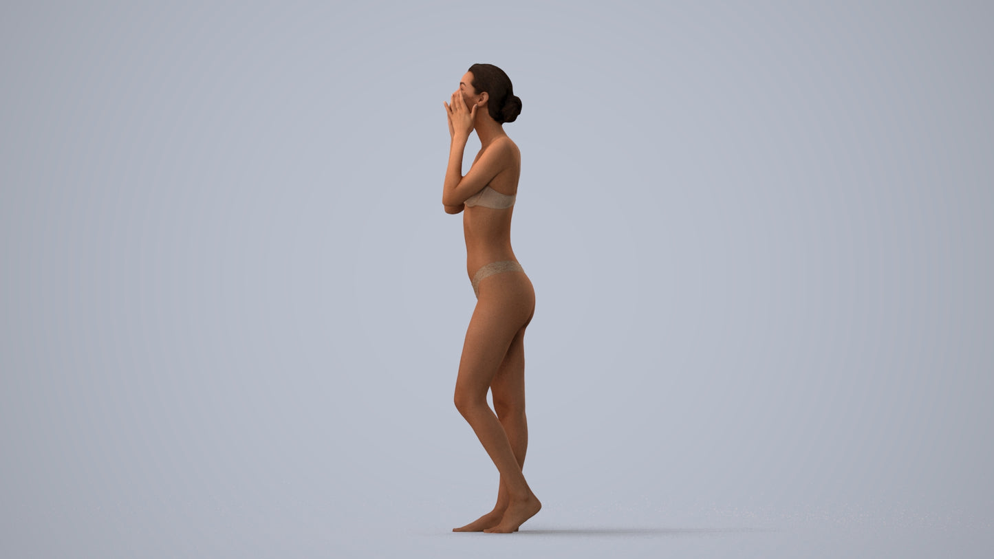 realistic 3D human woman bathroom, archviz people FBX OBJ for Blender, three-quarter view render