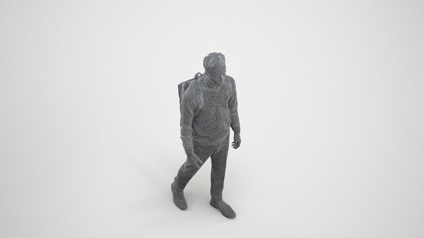 realistic 3D human man casual walking, archviz people FBX OBJ for Blender, wireframe three-quarter view