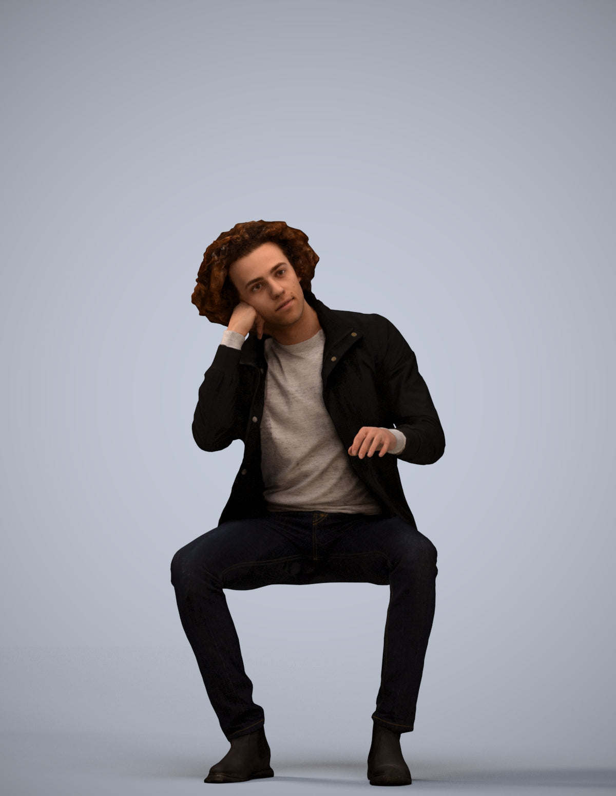 3D human model man casual sitting, photogrammetry scanned person for archviz