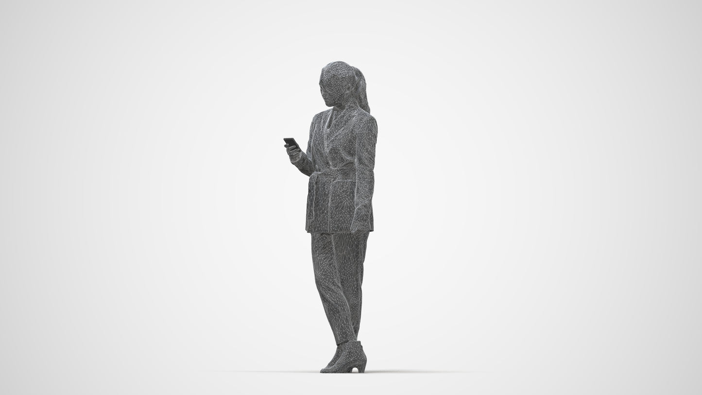 realistic 3D woman business standing, scanned archviz people for Blender and 3ds Max, wireframe back view