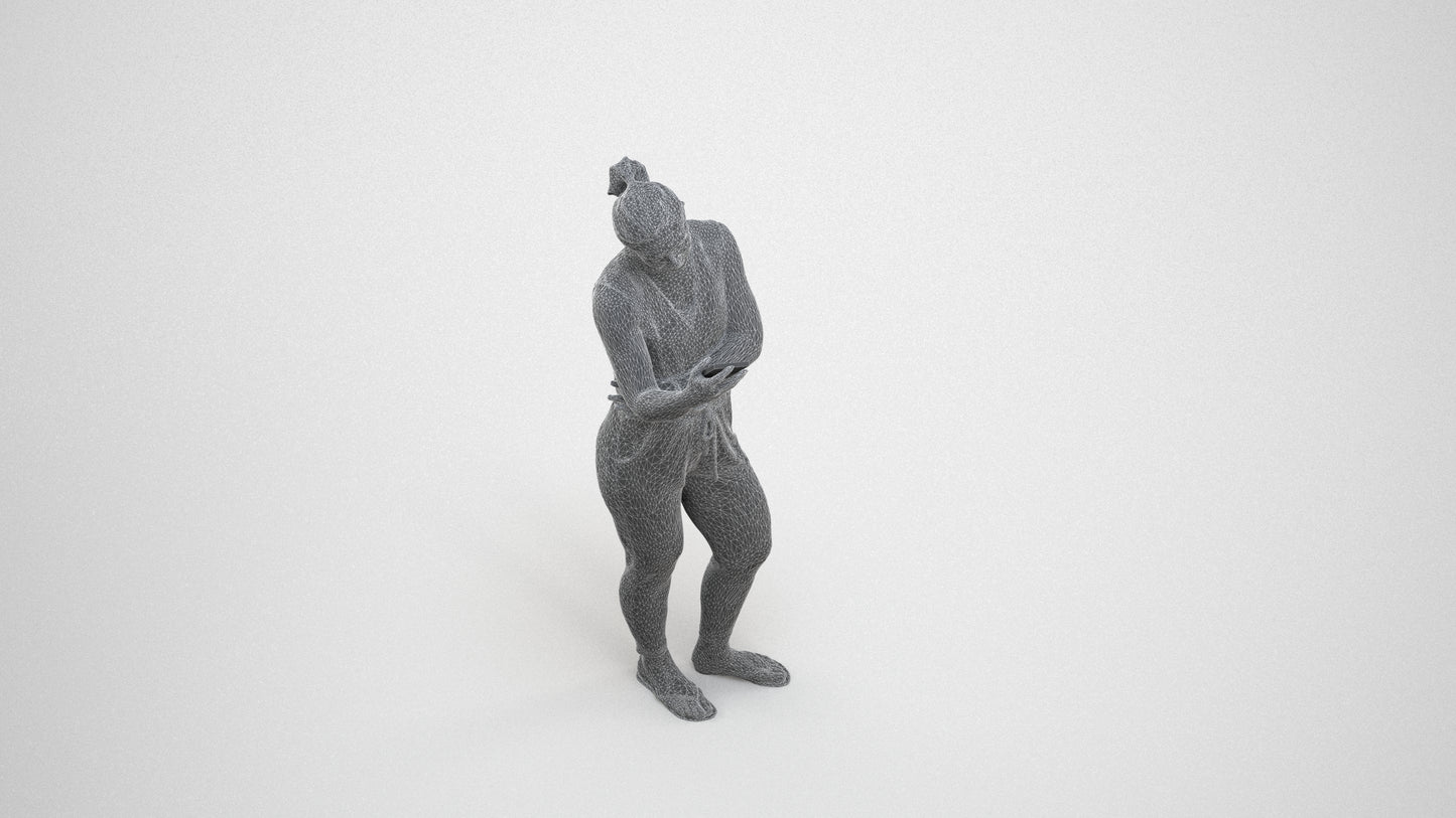 3D human model woman casual standing, photogrammetry scanned person for archviz, wireframe three-quarter view