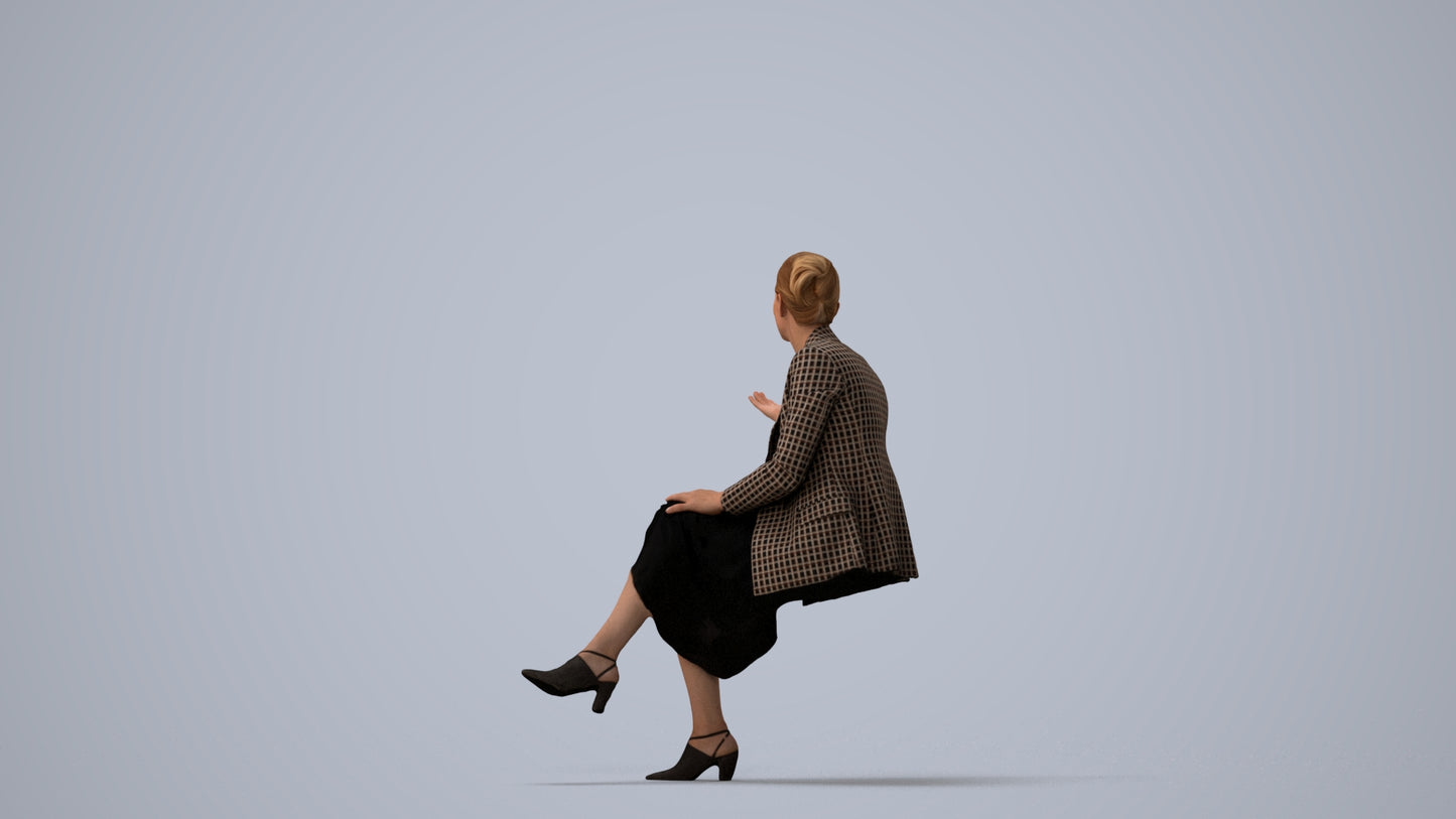 3D human model woman business sitting, photogrammetry scanned person for archviz, three-quarter view render