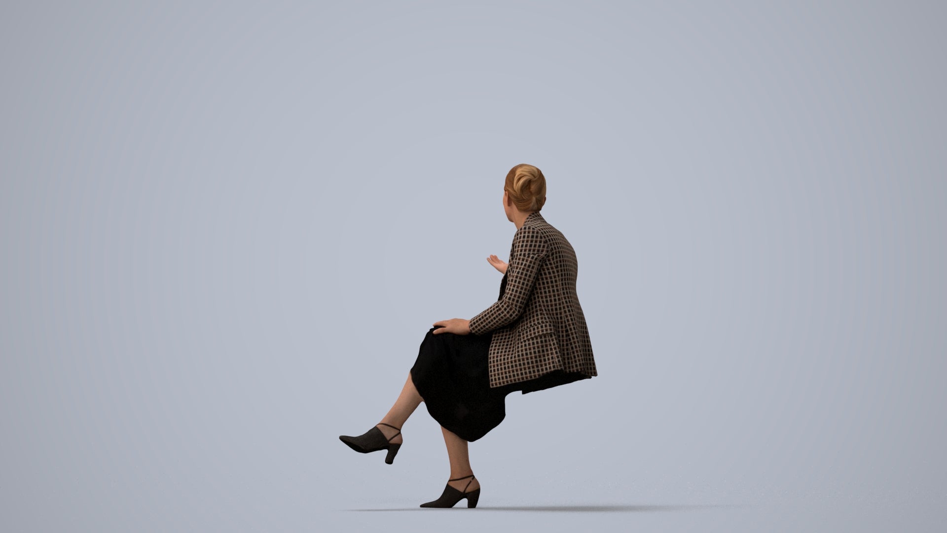 3D human model woman business sitting, photogrammetry scanned person for archviz, three-quarter view render