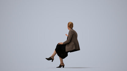 3D human model woman business sitting, photogrammetry scanned person for archviz, three-quarter view render