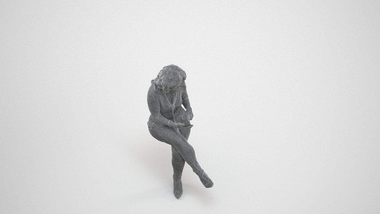 photogrammetry 3D woman casual sitting, realistic human model archviz FBX, wireframe three-quarter view