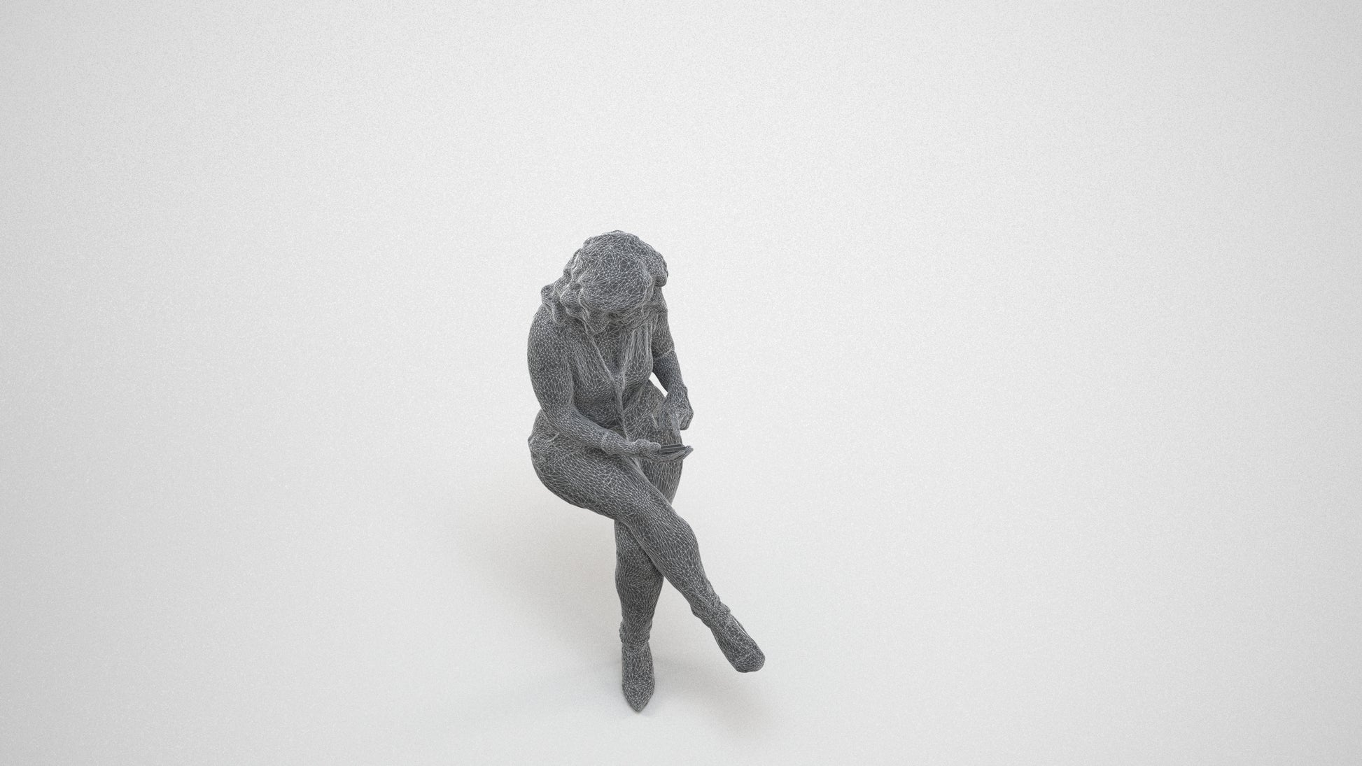 photogrammetry 3D woman casual sitting, realistic human model archviz FBX, wireframe three-quarter view