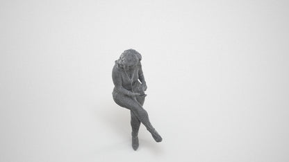 photogrammetry 3D woman casual sitting, realistic human model archviz FBX, wireframe three-quarter view