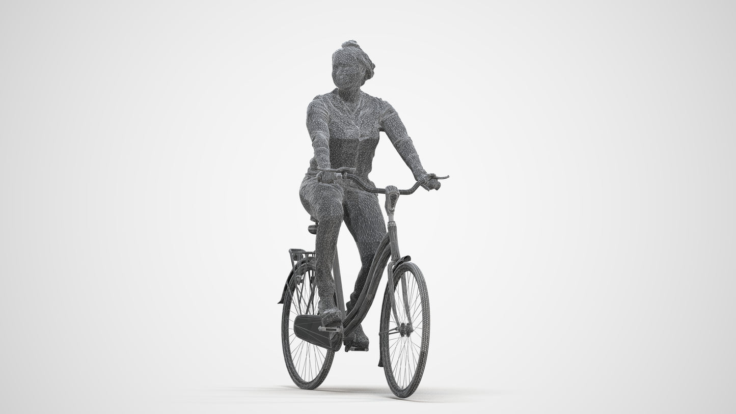 realistic 3D woman casual cycling, scanned archviz people for Blender and 3ds Max, three-quarter front view render