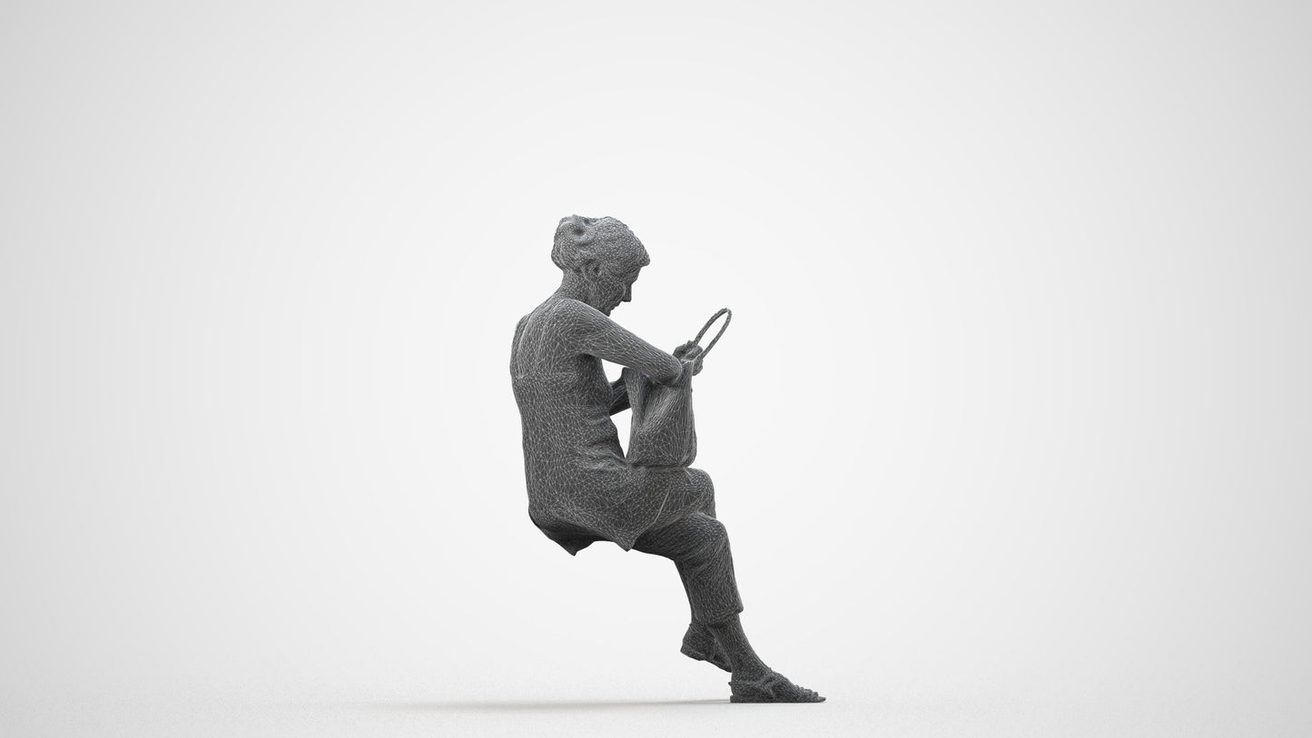 3D scanned senior woman sitting casual, photorealistic archviz people for Enscape and SketchUp, wireframe side view