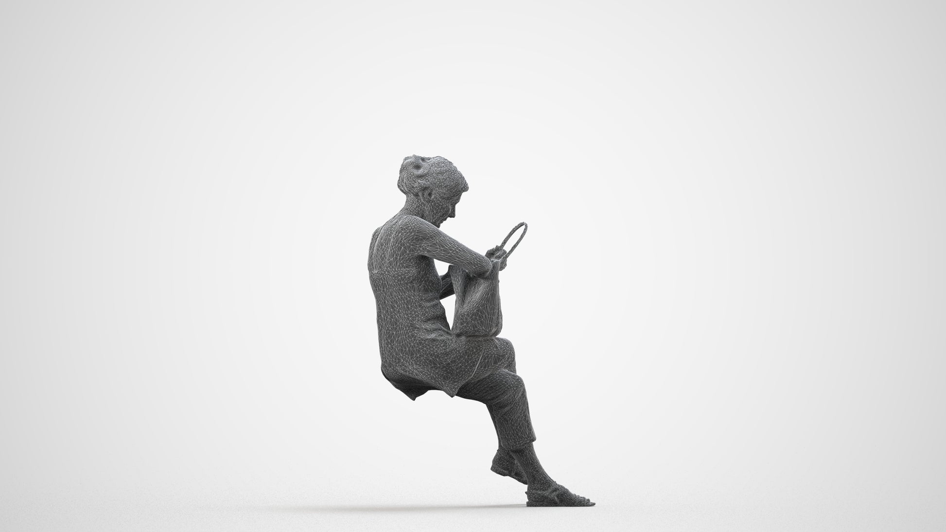 3D scanned senior woman sitting casual, photorealistic archviz people for Enscape and SketchUp, wireframe side view