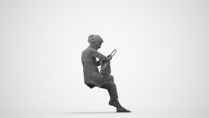 3D scanned senior woman sitting casual, photorealistic archviz people for Enscape and SketchUp, wireframe side view