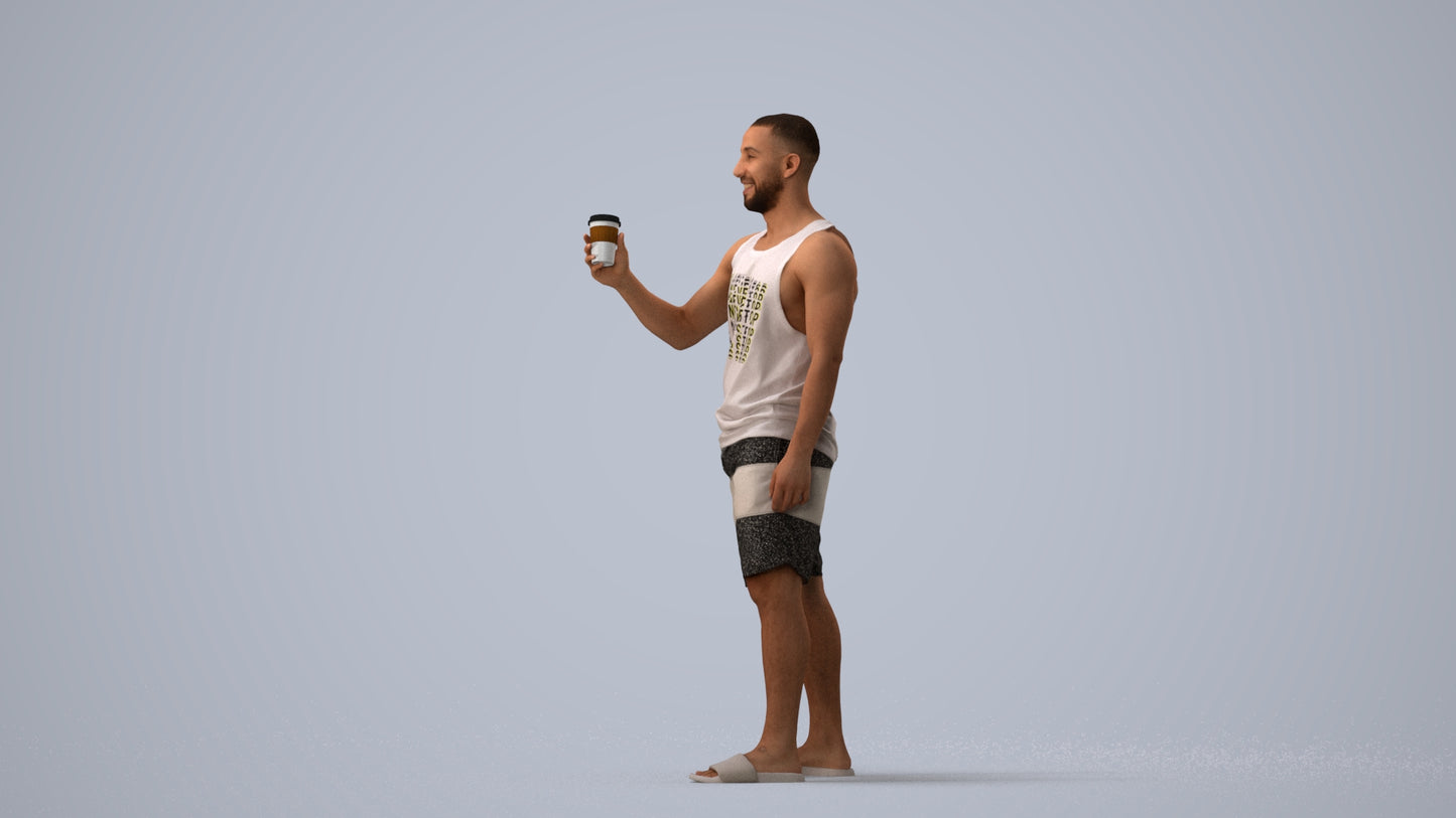 realistic 3D man standing, scanned archviz people for Blender and 3ds Max, three-quarter view render