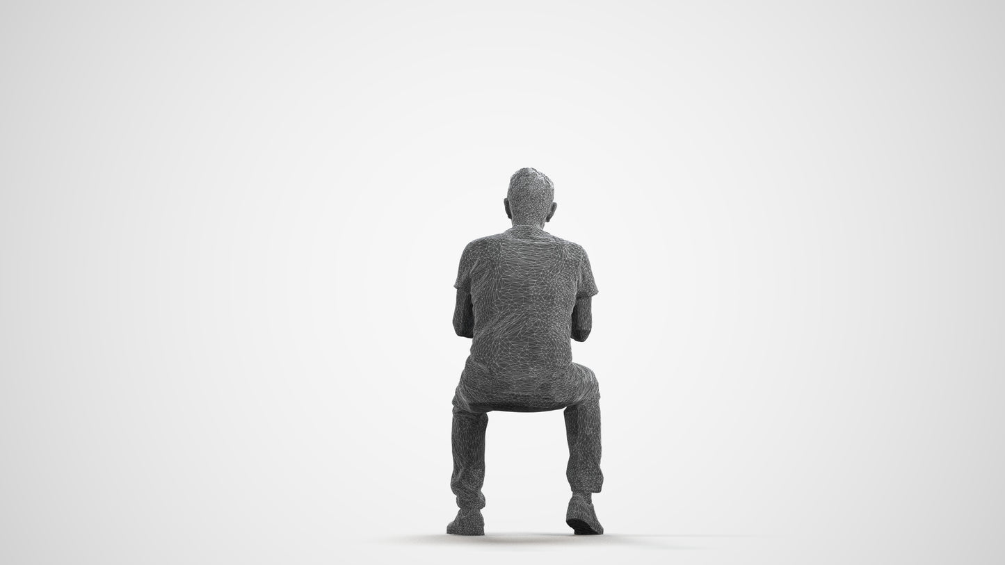 3D people model senior man casual sitting, scanned human for 3ds Max rendering, wireframe front view