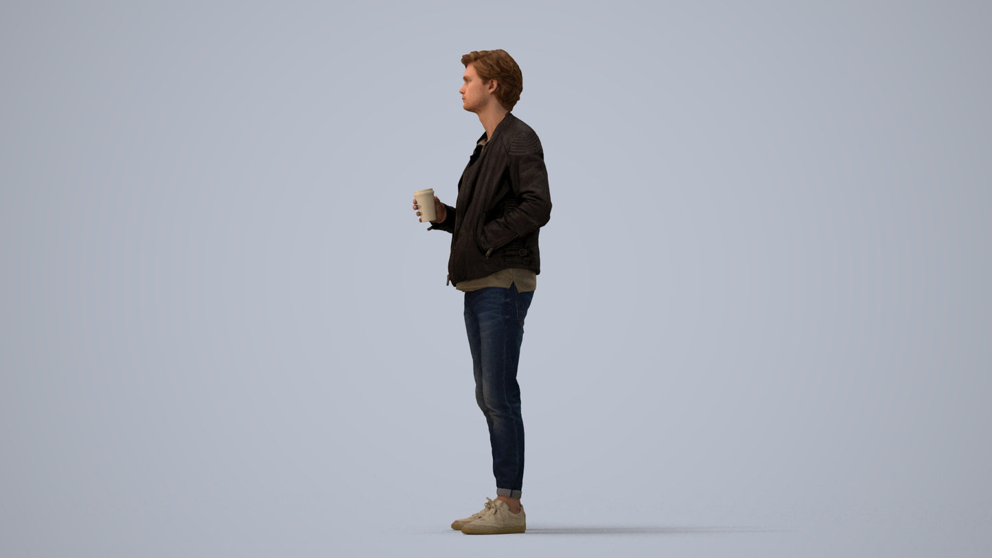 photogrammetry 3D man casual standing, realistic human model archviz FBX, three-quarter view render
