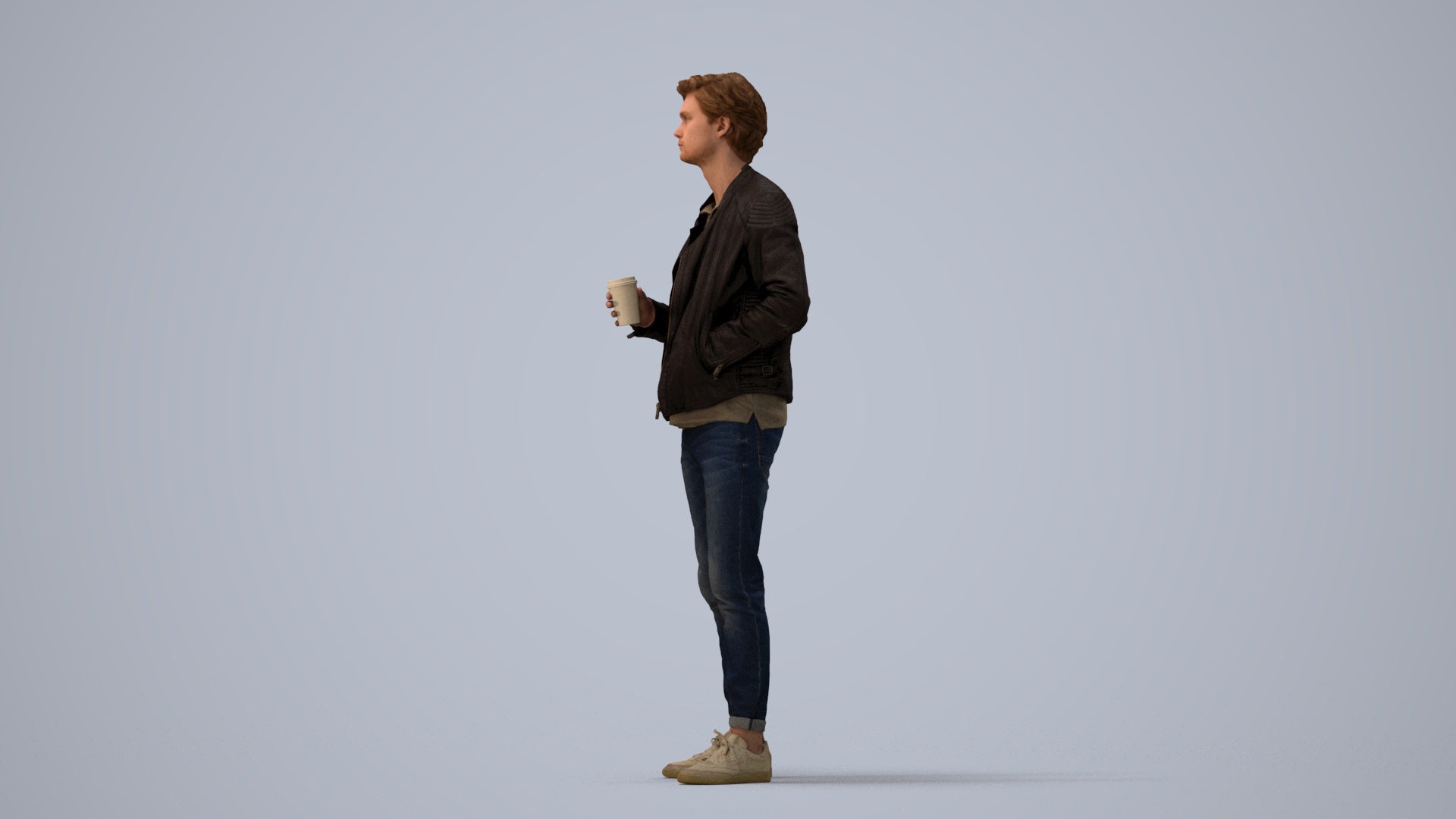 photogrammetry 3D man casual standing, realistic human model archviz FBX, three-quarter view render