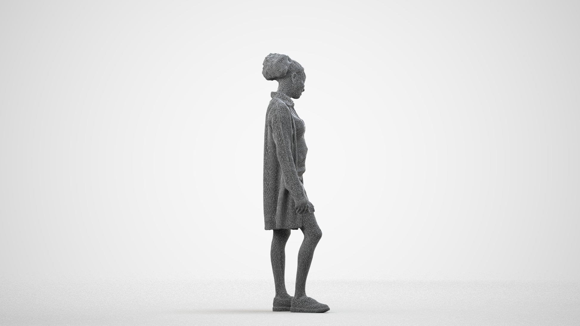 realistic 3D people woman casual standing, render-ready for V-Ray and Corona, FBX OBJ, wireframe side view