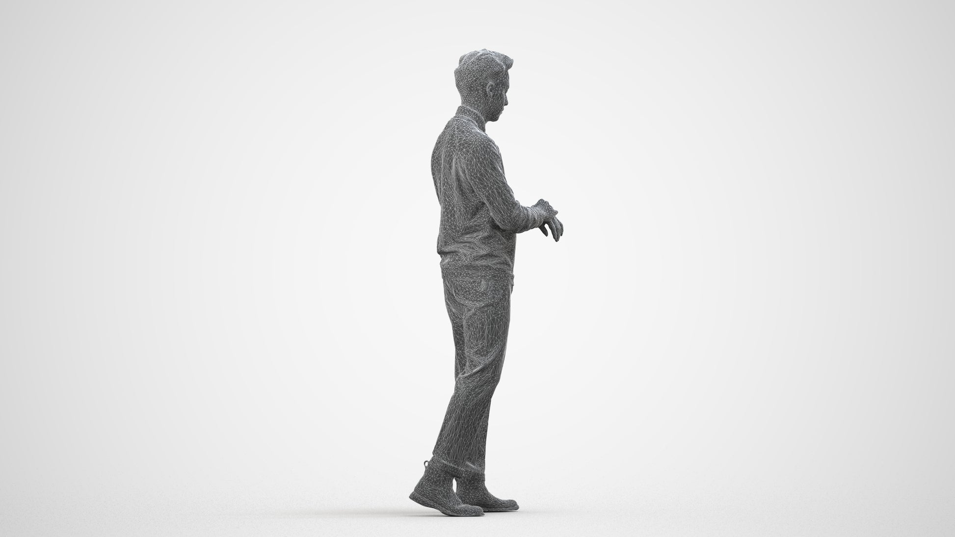 3D people model man casual walking, scanned human for 3ds Max rendering, wireframe side view