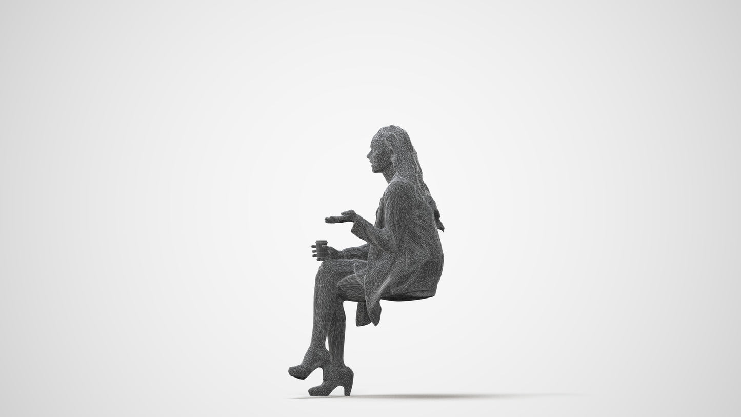3D human model woman business sitting, photogrammetry scanned person for archviz, square thumbnail