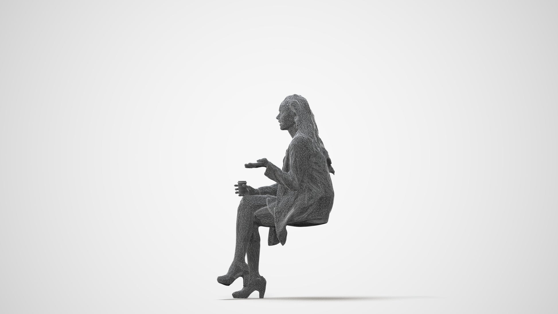 3D human model woman business sitting, photogrammetry scanned person for archviz, square thumbnail