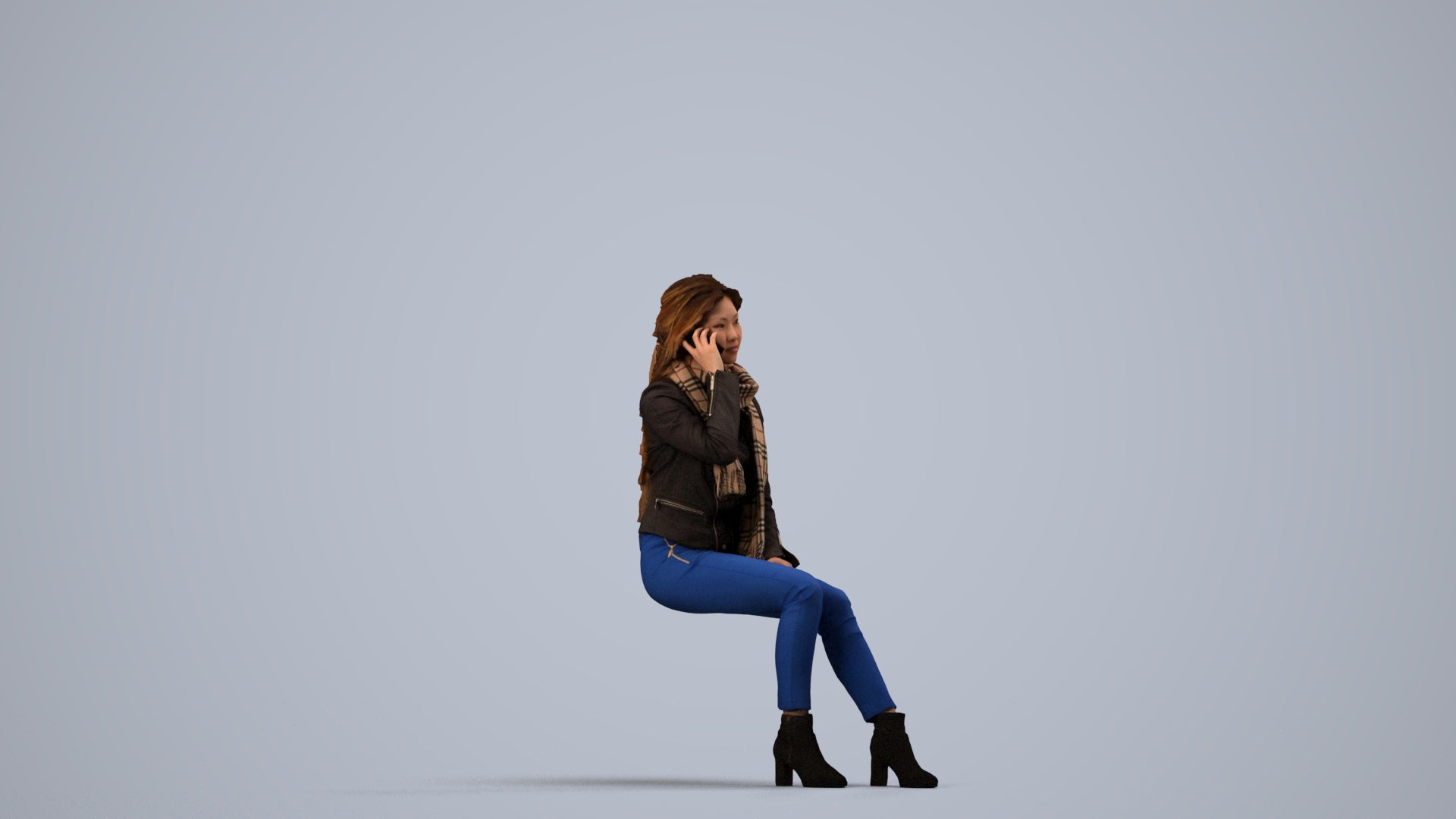 realistic 3D human woman casual sitting, archviz people FBX OBJ for Blender, side view render