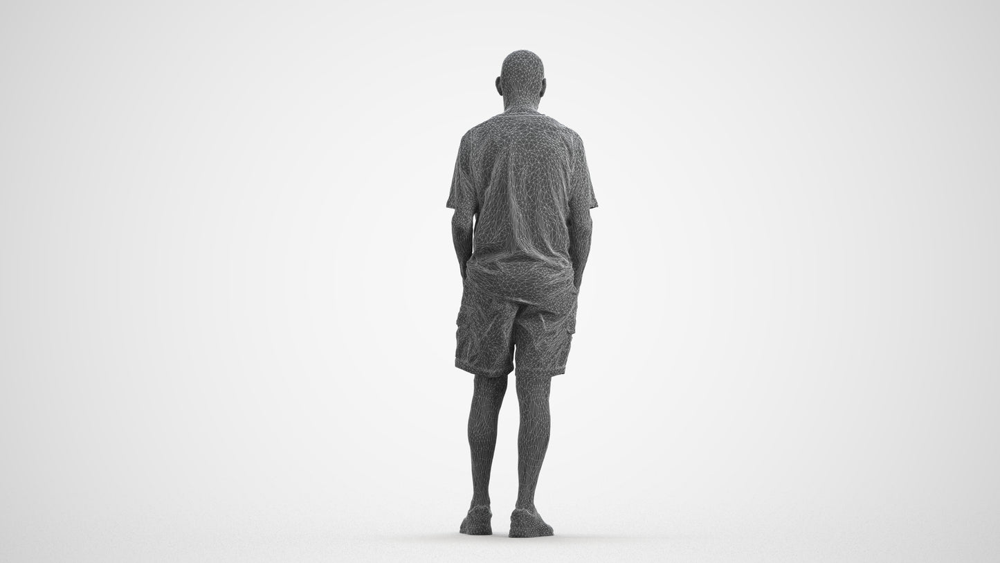 realistic 3D senior man casual standing, scanned archviz people for Blender and 3ds Max, wireframe front view