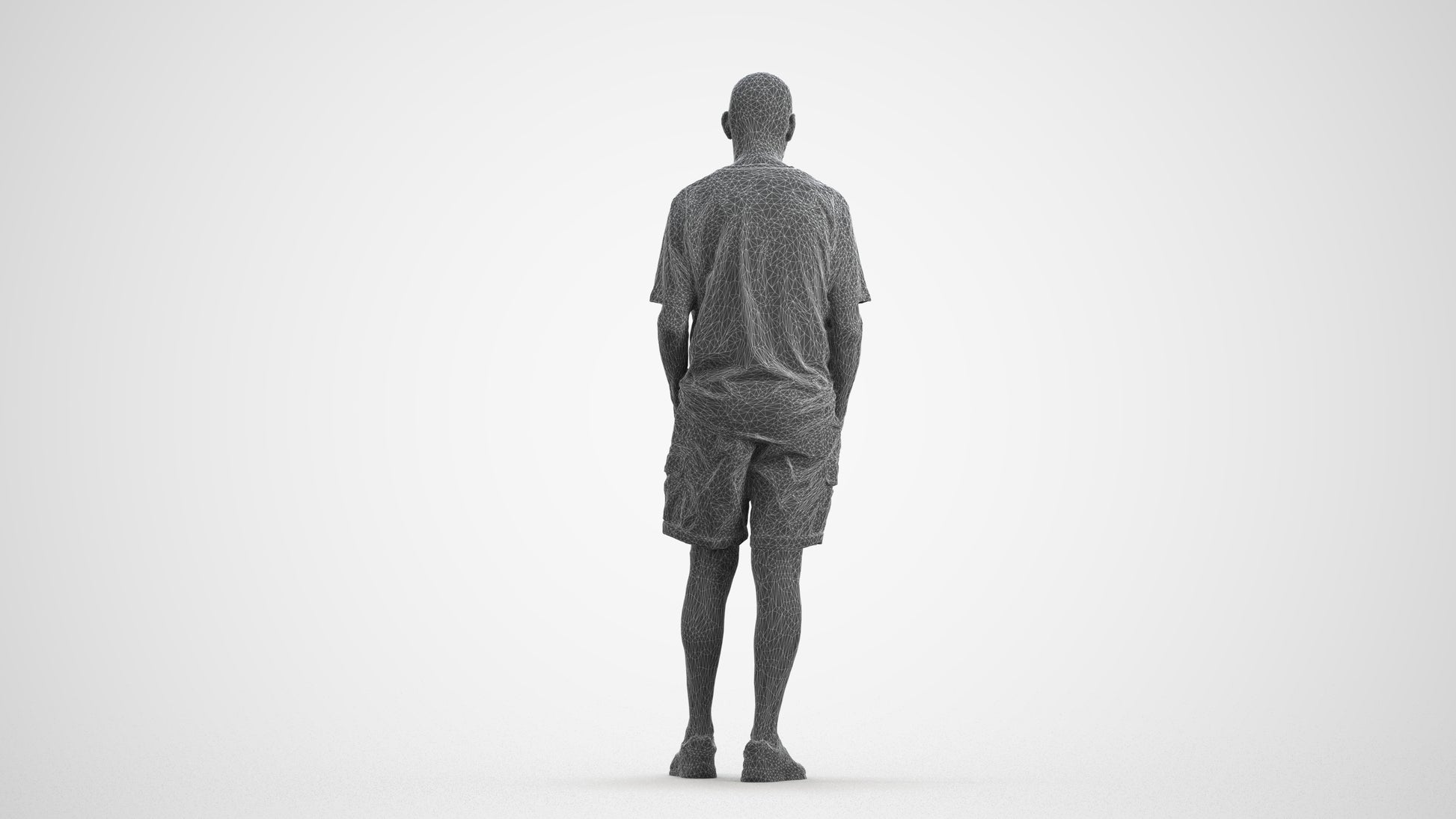realistic 3D senior man casual standing, scanned archviz people for Blender and 3ds Max, wireframe front view