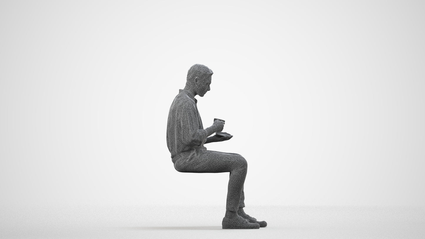 realistic 3D people man casual sitting, render-ready for V-Ray and Corona, FBX OBJ, wireframe side view