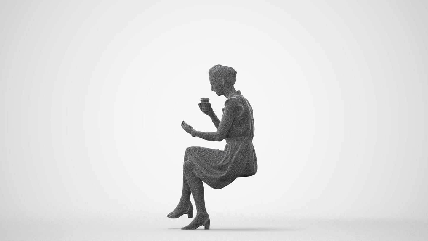3D scanned woman sitting casual, photorealistic archviz people for Enscape and SketchUp, square thumbnail